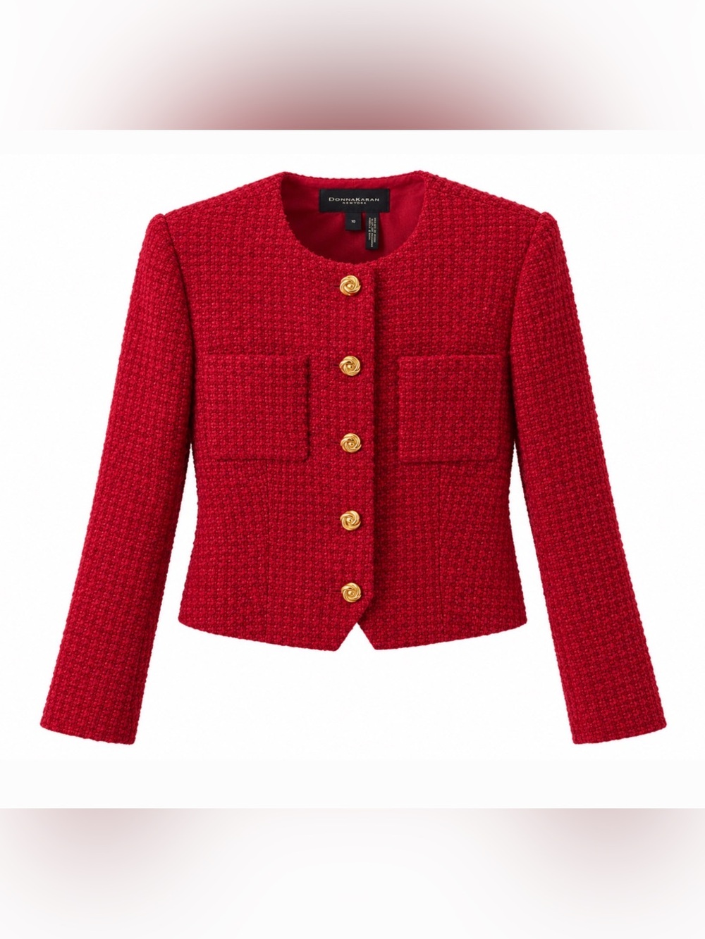 Donna Karan NWT Red Tweed Crop Blazer Jacket Gold Button Size 10